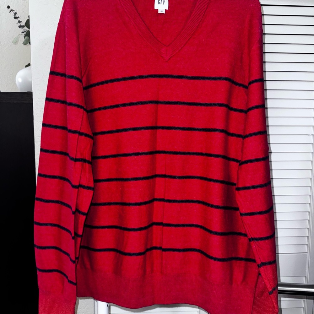 GAP V-Neck Sweater in Red with Black Stripes